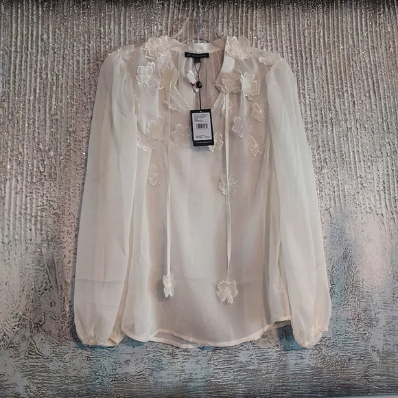 Adrianna Papell Floral Embroidered Chiffon Semi-Sheer Blouse Sz-L - Picture 7 of 8